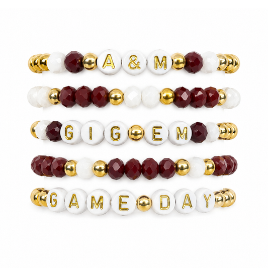 Maroon & White Game Day Stack | Personalized 5 Bracelet Stack