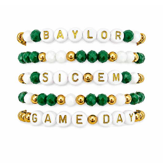 Green & White Game Day Stack | Personalized 5 Bracelet Stack