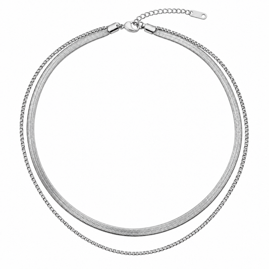 Double-Layered Herringbone & Blade Chain Necklace | Silver